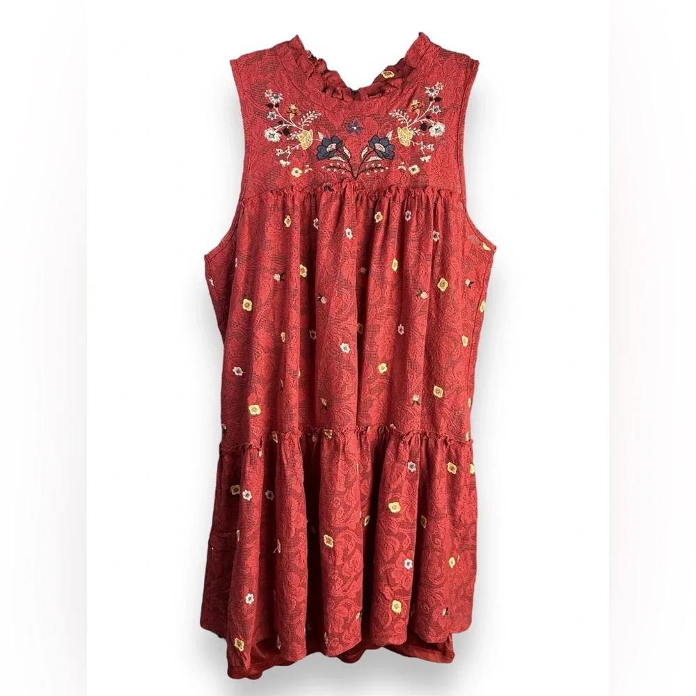 075. Francesca's Sleeveless Embroidered Miami Phoenix Mini Dress L Orange Red - Picture 2 of 10